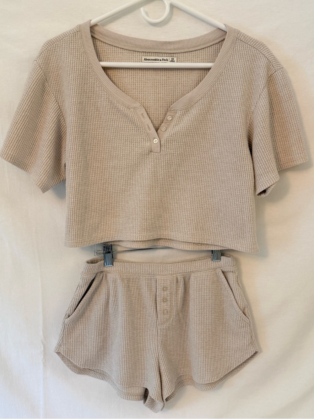 Abercrombie & Fitch Beige Waffle-Knit Lounge Crop Top & Shorts Set
